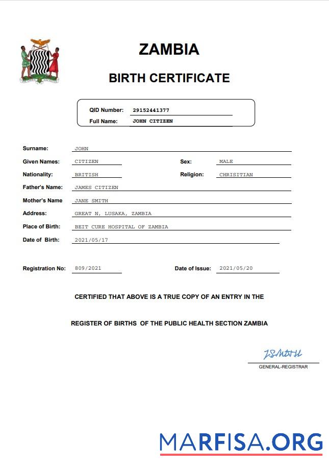 Downloadable Zambia birth certificate Word and PDF template